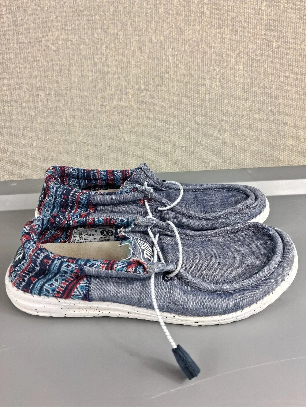 Hey Dude Wally Funk Jacquard Tribe Blue Canvas Slip On Loafers Mens 9 Womens 11